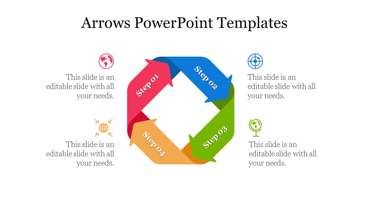 Editable Four Way Multicolor Arrows PowerPoint Templates
